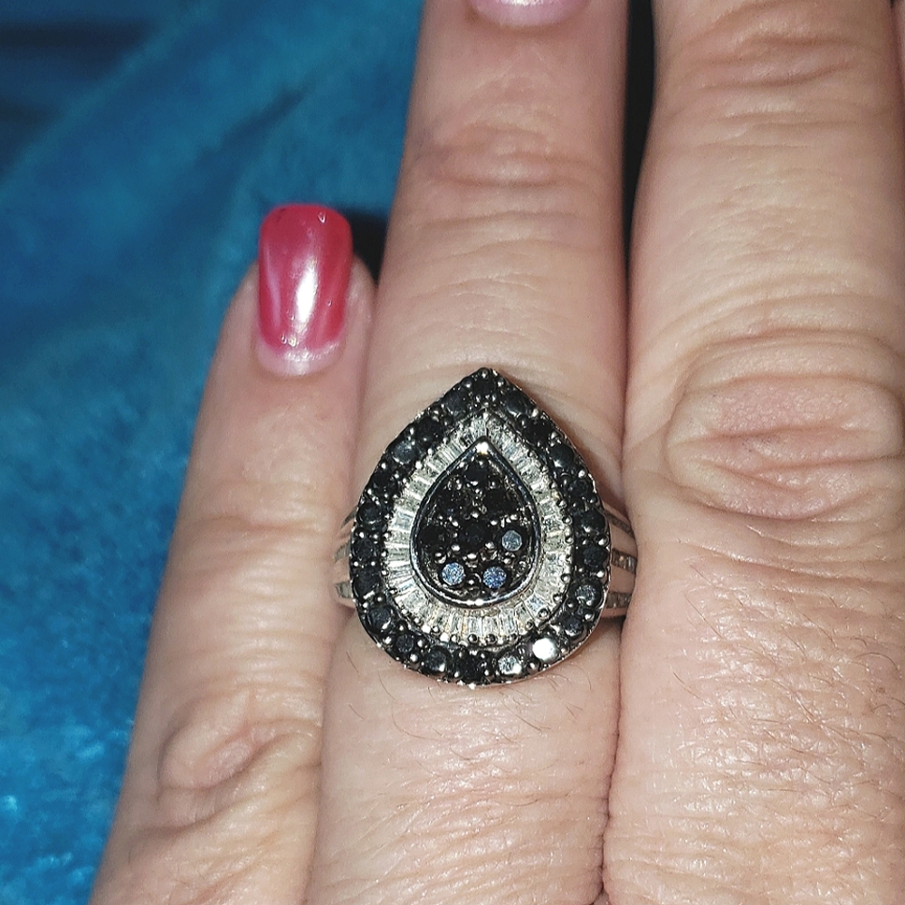 Size 7, Black & White Diamond 925 Silver Ring, NWT